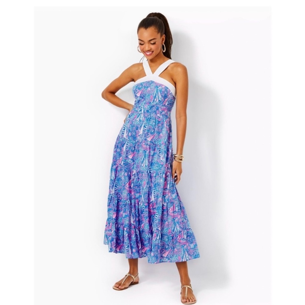 Lily Pulitzer Jenette Cotton Halter Maxi Dress Boca Blue “It’s a sailabration”